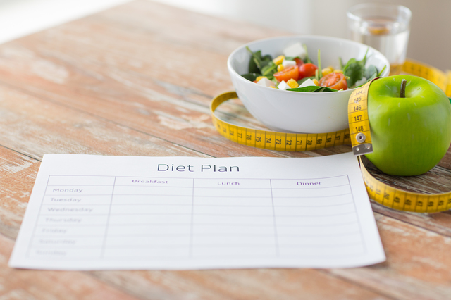close up of diet plan and food on table