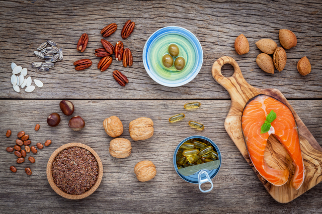 Selection food sources of omega 3 and unsaturated fats. Super food high vitamin e and dietary fiber for healthy food. Almond ,pecan ,hazelnuts,walnuts ,olive oil ,fish oil ,salmon and flax seed .