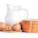 eggs ,soybeans ,milk and bread on white background.