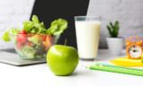 green apple with milk, salad, healthy.
Laptop PC and pencils.