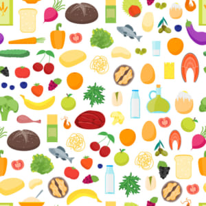 Cartoon Color Healthy Food Background Pattern on a White. Vector