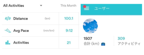 ランニングアプリの記録。月に100km、合計1500kmに到達した時のもの