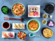 Japanese Food, Sushi, udon, miso soup, tea, mochi etc, overhead flat lay shot