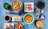 Japanese Food, Sushi, udon, miso soup, tea, mochi etc, overhead flat lay shot
