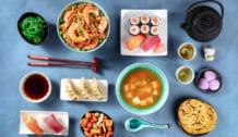 Japanese Food, Sushi, udon, miso soup, tea, mochi etc, overhead flat lay shot